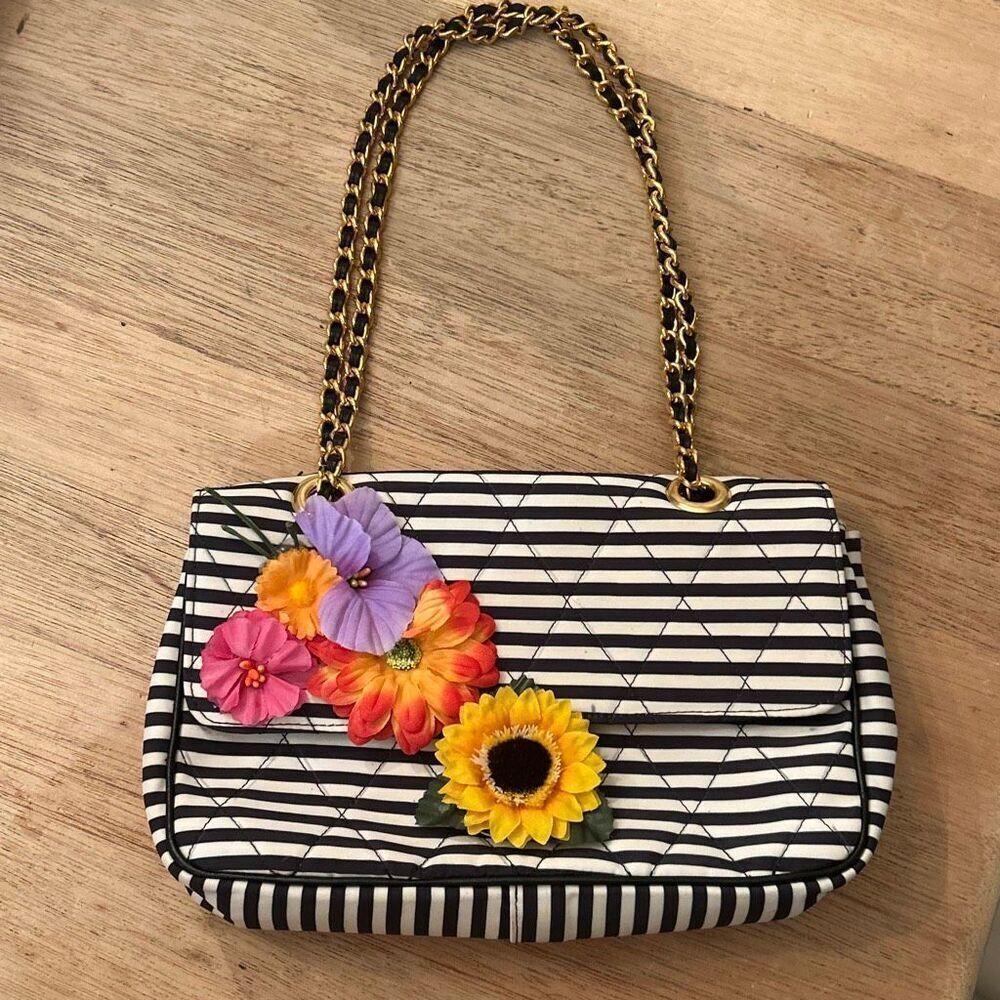 Beverly Feldman black and white striped handbag with flowers and chain strap